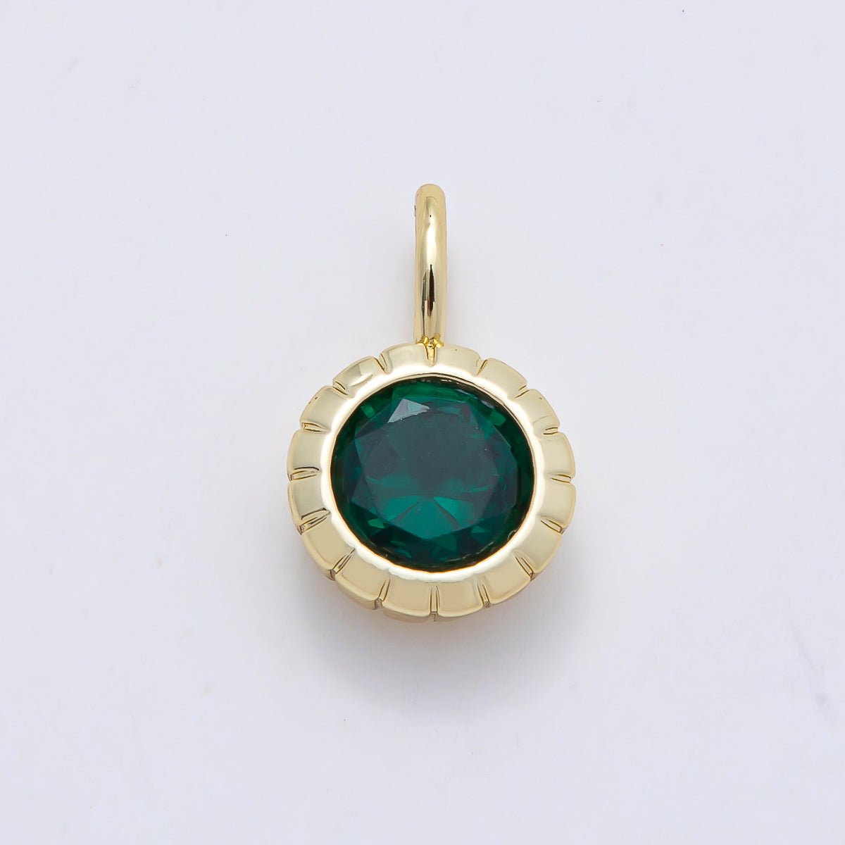 16K Gold Filled 17mm Birthstone Round CZ Ribbed Bezel Mini Pendant | Charms-01113 ~ Charms-01124 - DLUXCA