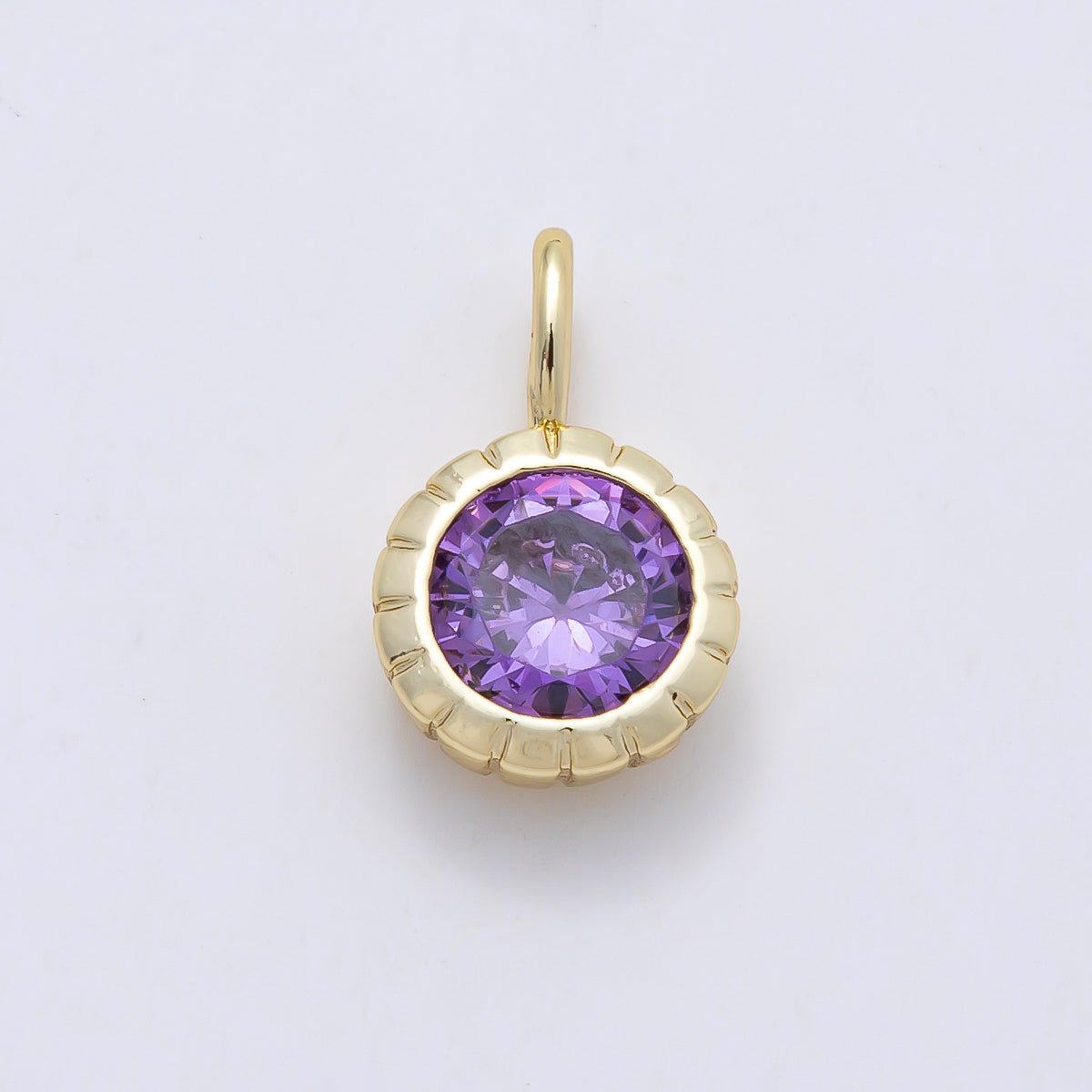 16K Gold Filled 17mm Birthstone Round CZ Ribbed Bezel Mini Pendant | Charms-01113 ~ Charms-01124 - DLUXCA