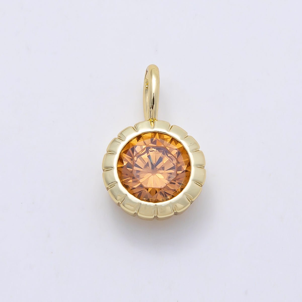 16K Gold Filled 17mm Birthstone Round CZ Ribbed Bezel Mini Pendant | Charms-01113 ~ Charms-01124 - DLUXCA