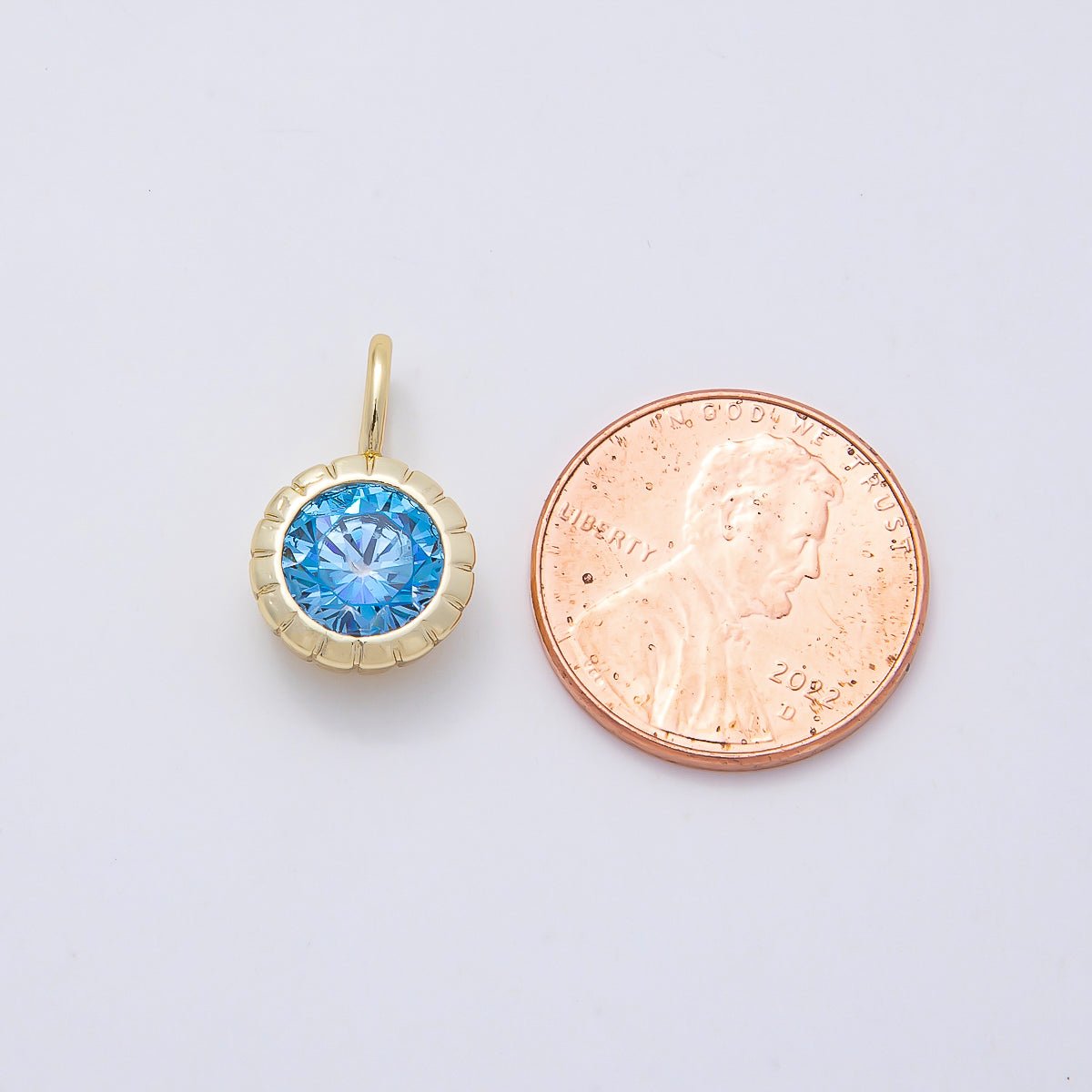 16K Gold Filled 17mm Birthstone Round CZ Ribbed Bezel Mini Pendant | Charms-01113 ~ Charms-01124 - DLUXCA