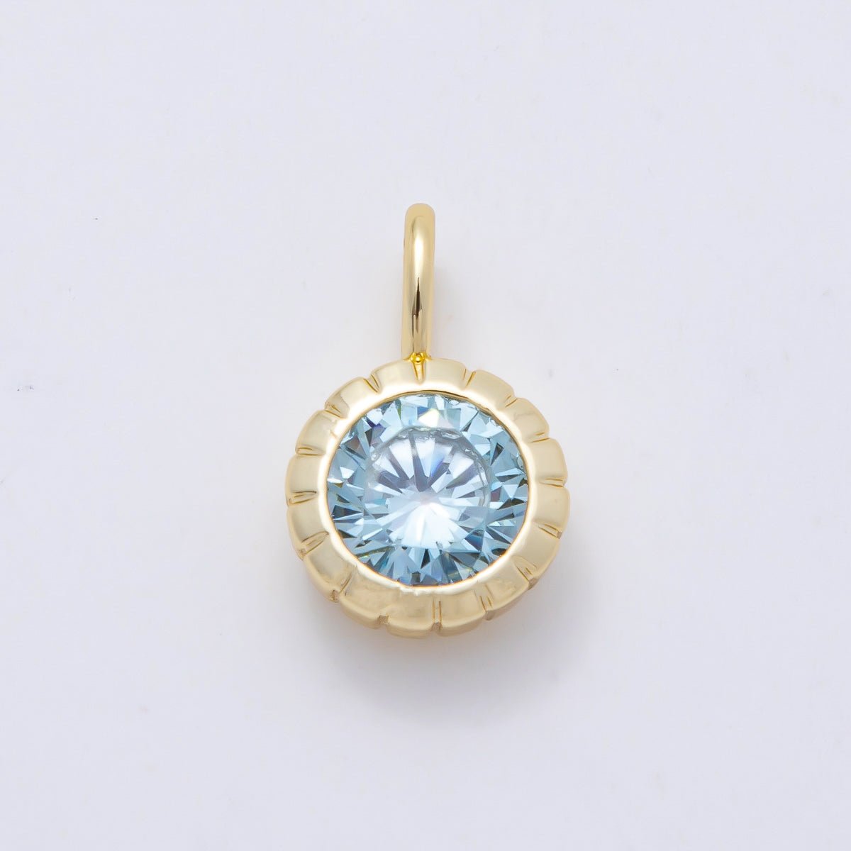 16K Gold Filled 17mm Birthstone Round CZ Ribbed Bezel Mini Pendant | Charms-01113 ~ Charms-01124 - DLUXCA