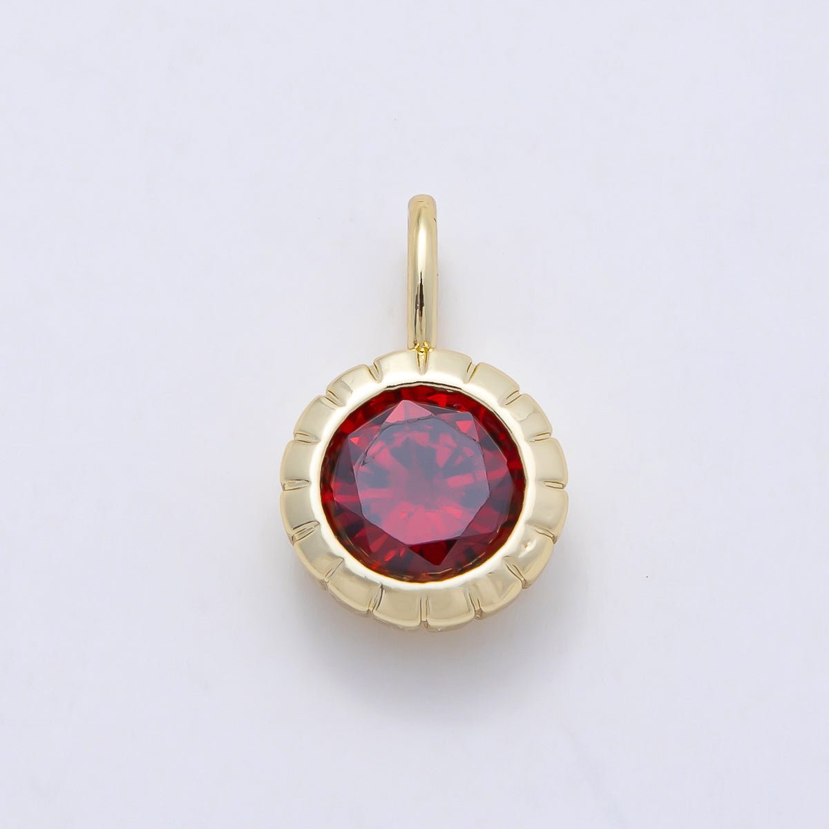 16K Gold Filled 17mm Birthstone Round CZ Ribbed Bezel Mini Pendant | Charms-01113 ~ Charms-01124 - DLUXCA