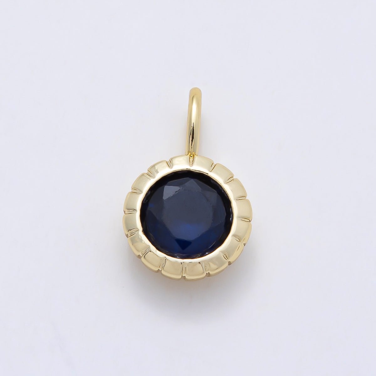 16K Gold Filled 17mm Birthstone Round CZ Ribbed Bezel Mini Pendant | Charms-01113 ~ Charms-01124 - DLUXCA