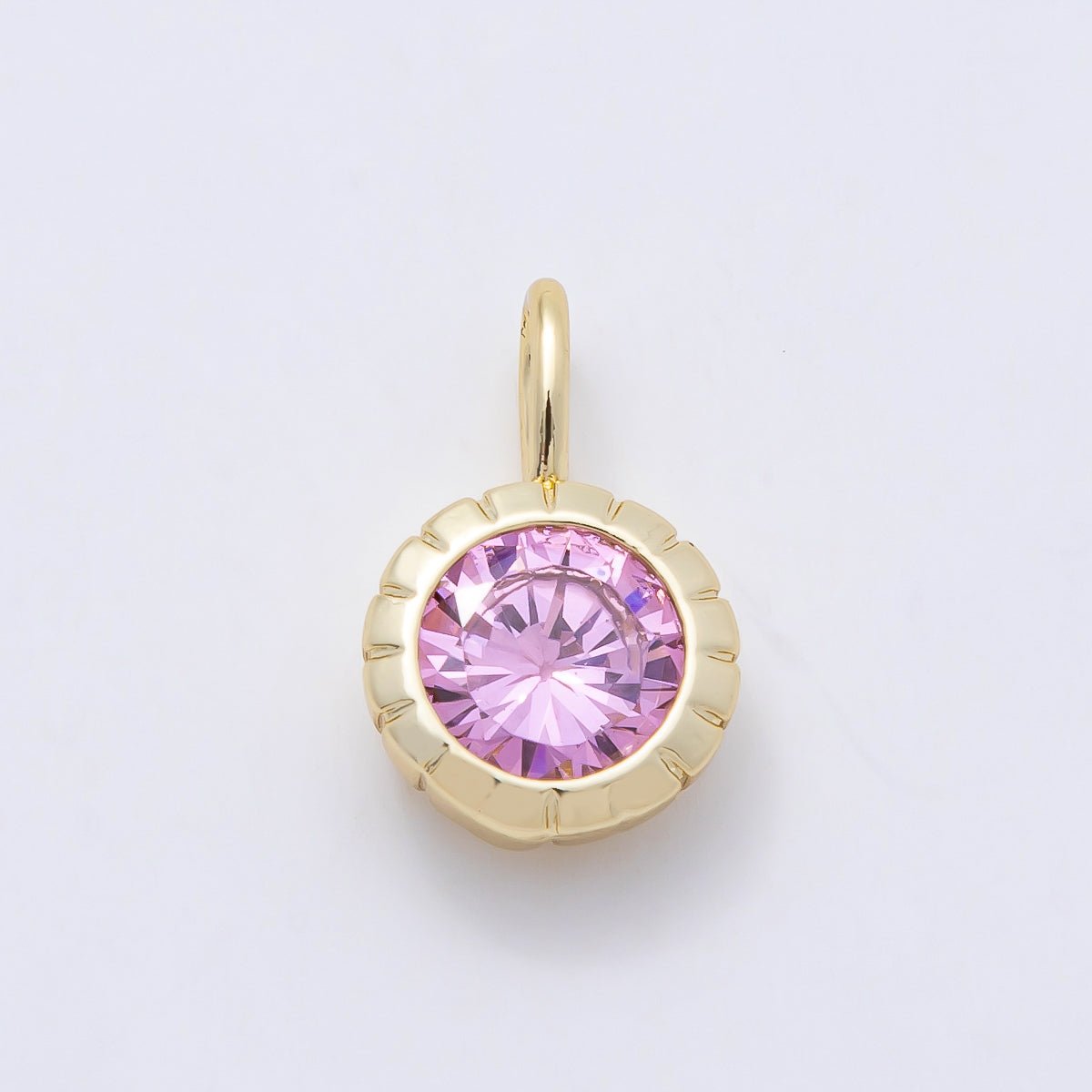16K Gold Filled 17mm Birthstone Round CZ Ribbed Bezel Mini Pendant | Charms-01113 ~ Charms-01124 - DLUXCA