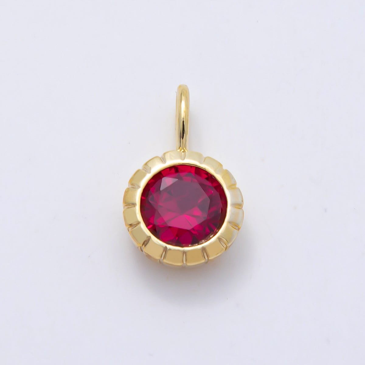 16K Gold Filled 17mm Birthstone Round CZ Ribbed Bezel Mini Pendant | Charms-01113 ~ Charms-01124 - DLUXCA