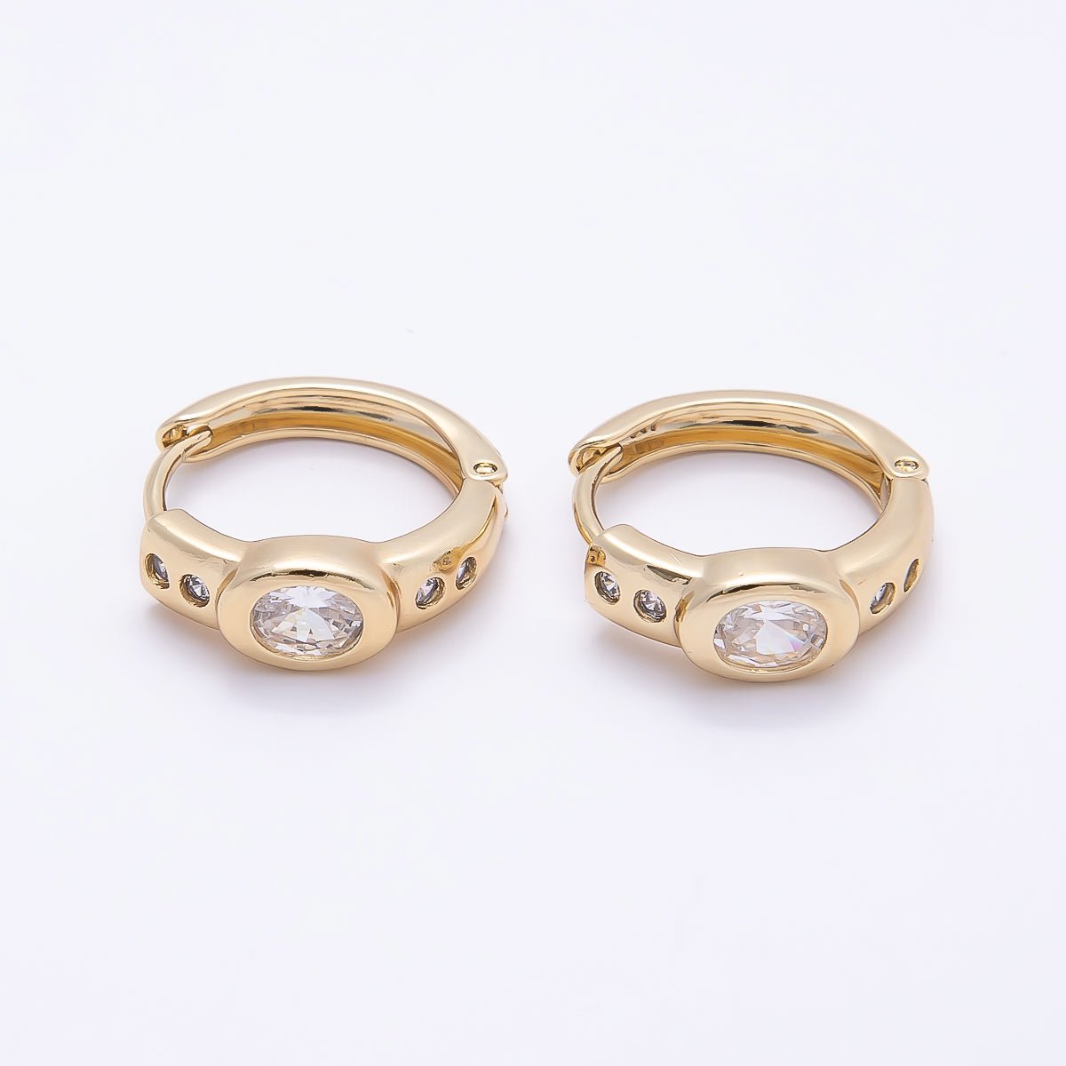 16K Gold Filled 17mm Clear CZ Oval Dotted Huggie Earrings | Earrings-00412 - DLUXCA