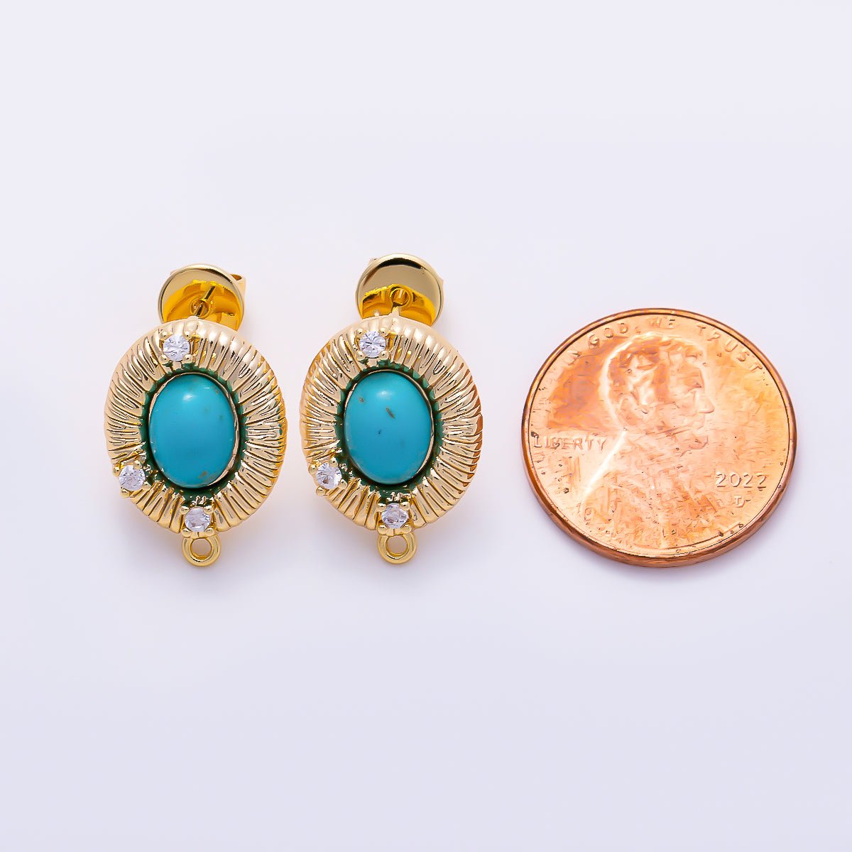 16K Gold Filled 17mm Clear CZ Oval Turquoise Sunburst Stud Earring Findings | Findings-00568 - Findings-00569 - DLUXCA