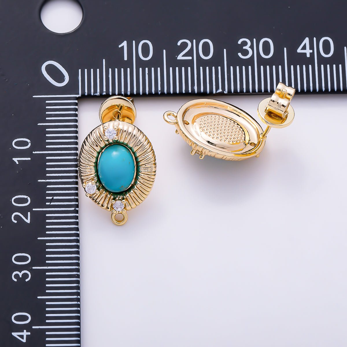 16K Gold Filled 17mm Clear CZ Oval Turquoise Sunburst Stud Earring Findings | Findings-00568 - Findings-00569 - DLUXCA