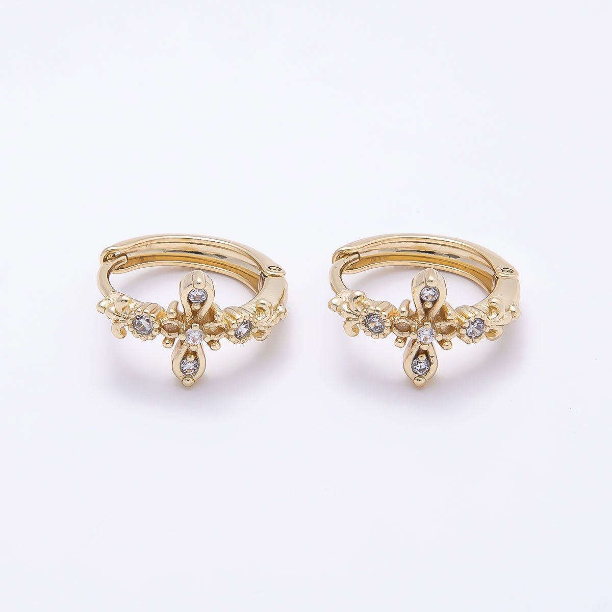 16K Gold Filled 17mm Clear CZ Religious Passion Cross Huggie Earrings | Earrings-00446 - DLUXCA