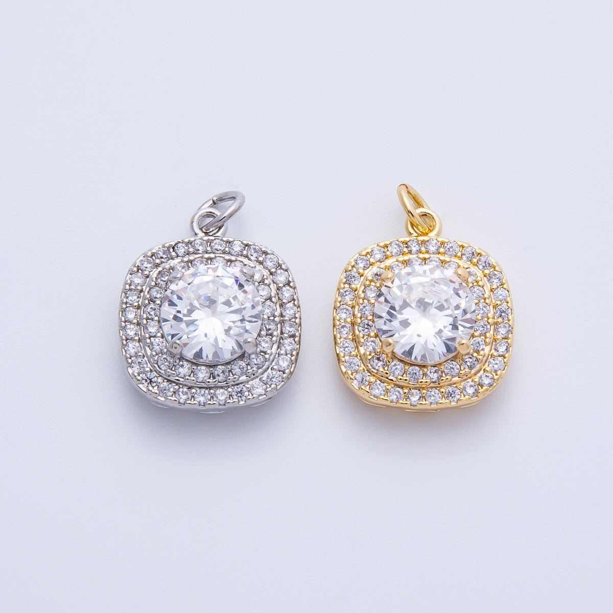 16K Gold Filled 17mm Clear Micro Paved CZ Round Square Charm in Gold & Silver | Charms - 00289 Charms - 00290 - DLUXCA