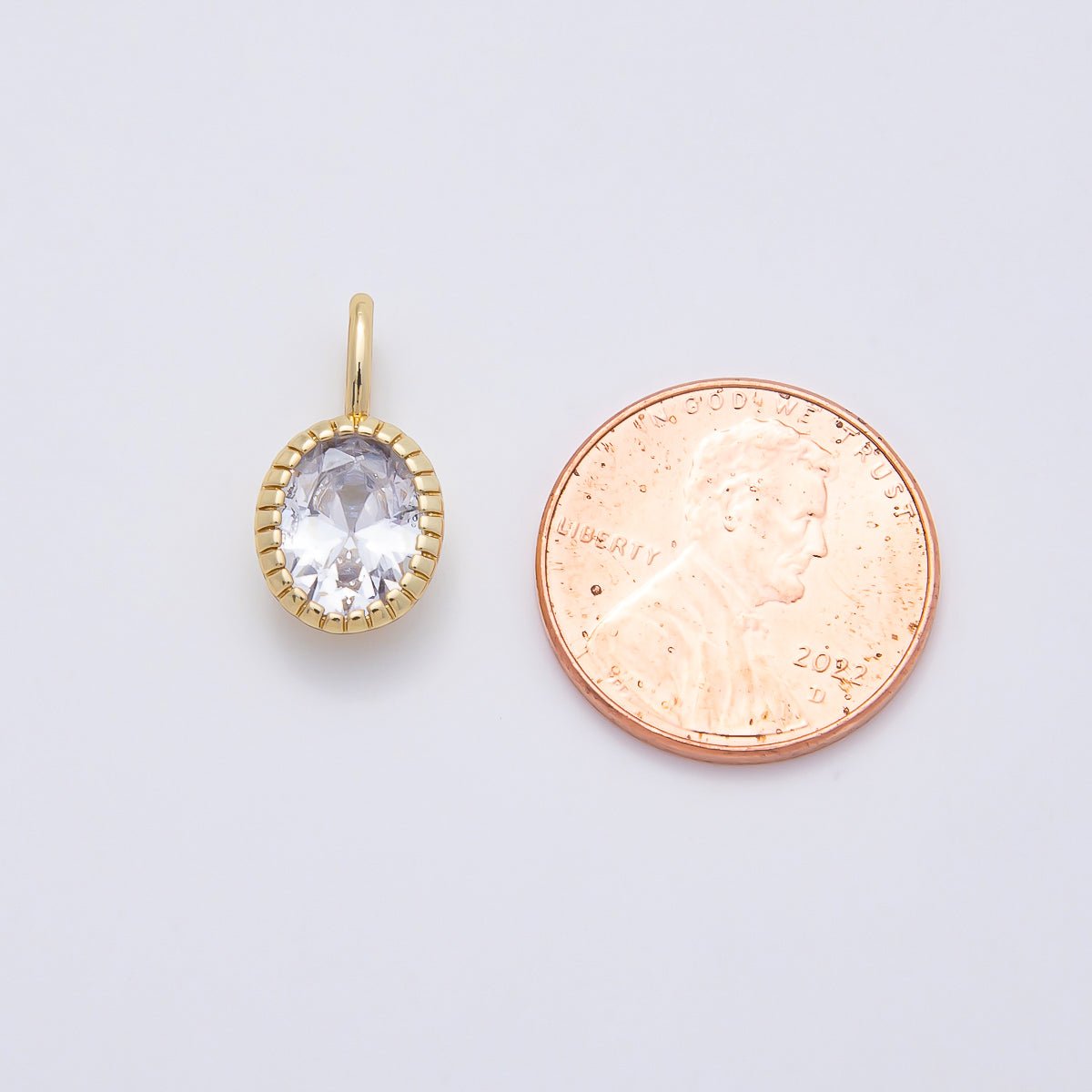 16K Gold Filled 17mm Clear Oval CZ Ribbed Bezel Mini Pendant | Charms-01102 - DLUXCA
