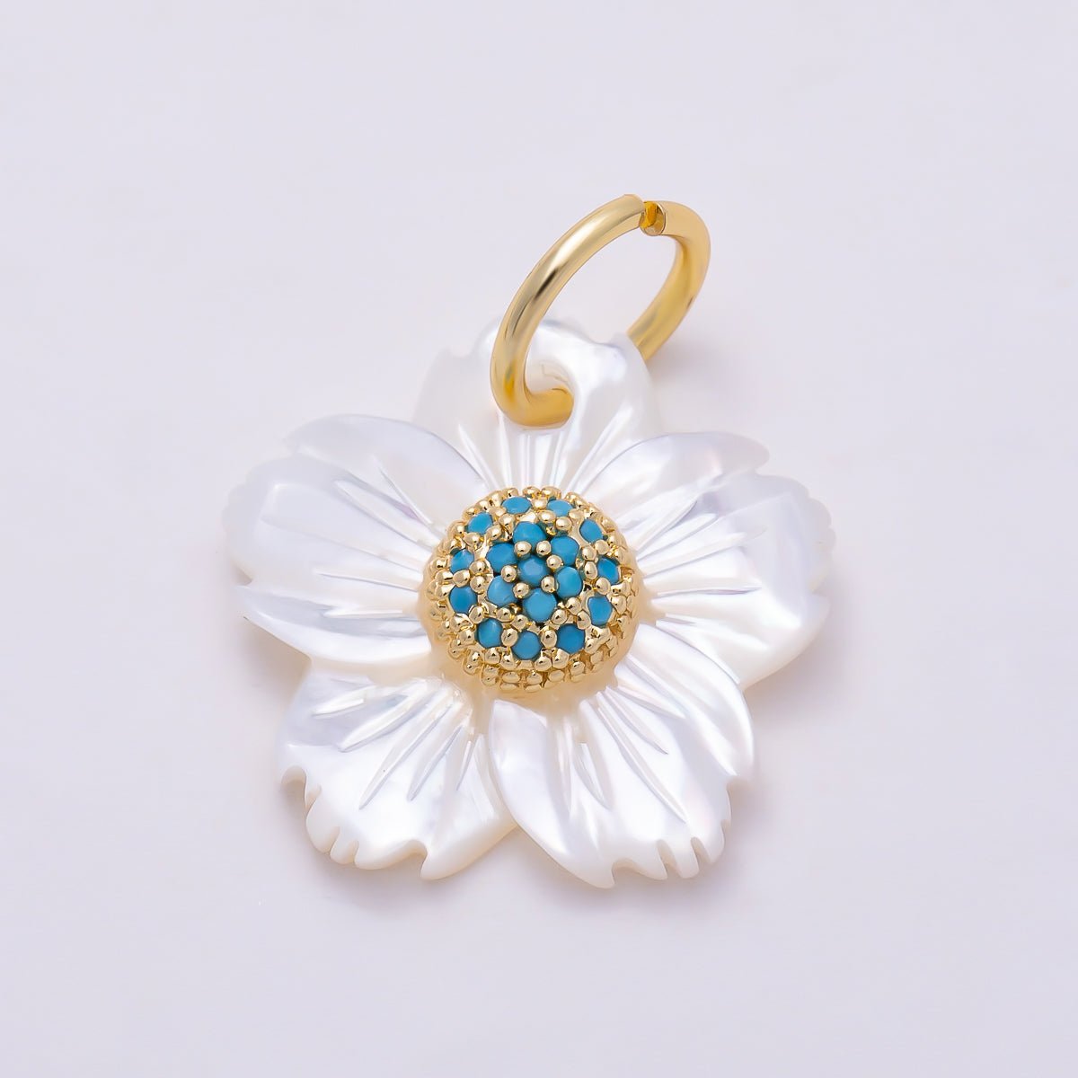 16K Gold Filled 17mm Clear & Turquoise Micro Paved CZ Mother of Pearl Cherry Blossom Flower Charm | Charms-01875 - Charms-01876 - DLUXCA