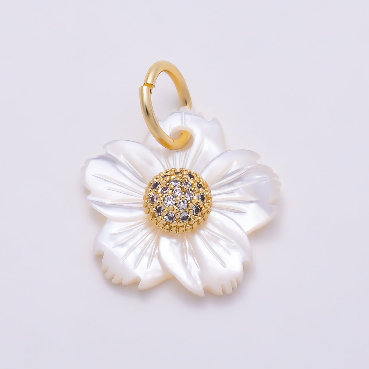 16K Gold Filled 17mm Clear & Turquoise Micro Paved CZ Mother of Pearl Cherry Blossom Flower Charm | Charms-01875 - Charms-01876 - DLUXCA
