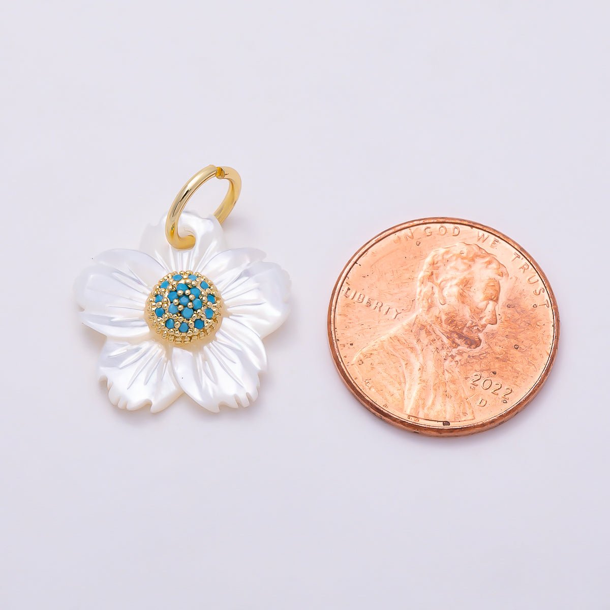 16K Gold Filled 17mm Clear & Turquoise Micro Paved CZ Mother of Pearl Cherry Blossom Flower Charm | Charms-01875 - Charms-01876 - DLUXCA