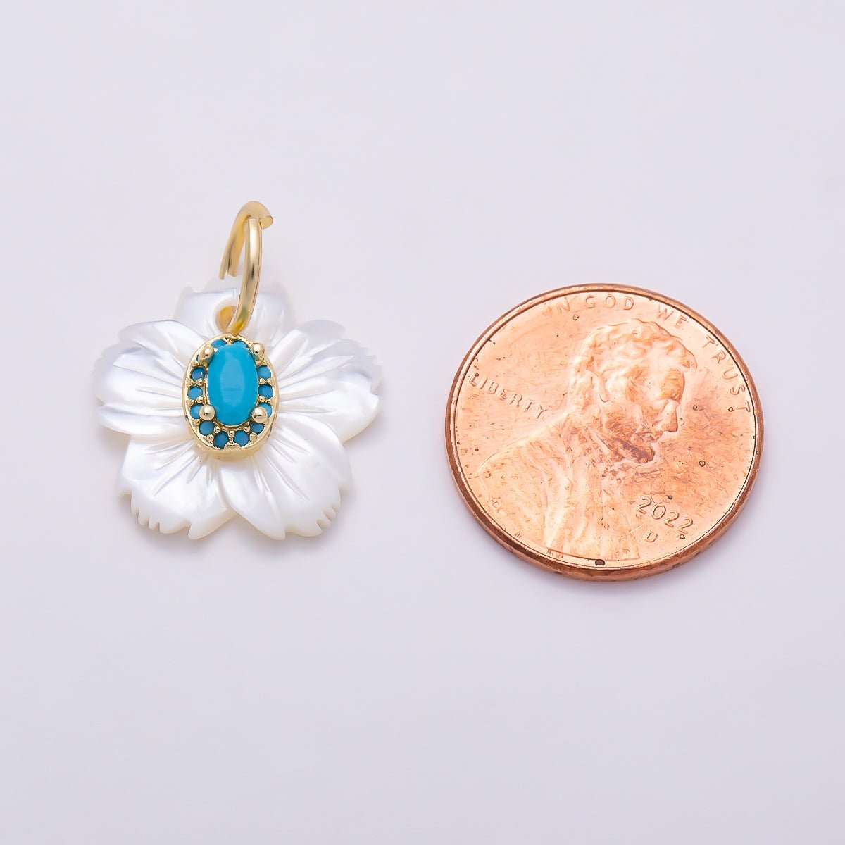 16K Gold Filled 17mm Clear & Turquoise Oval Bezel CZ Mother of Pearl Cherry Blossom Flower Charm | Charms-01877 - Charms-01878 - DLUXCA