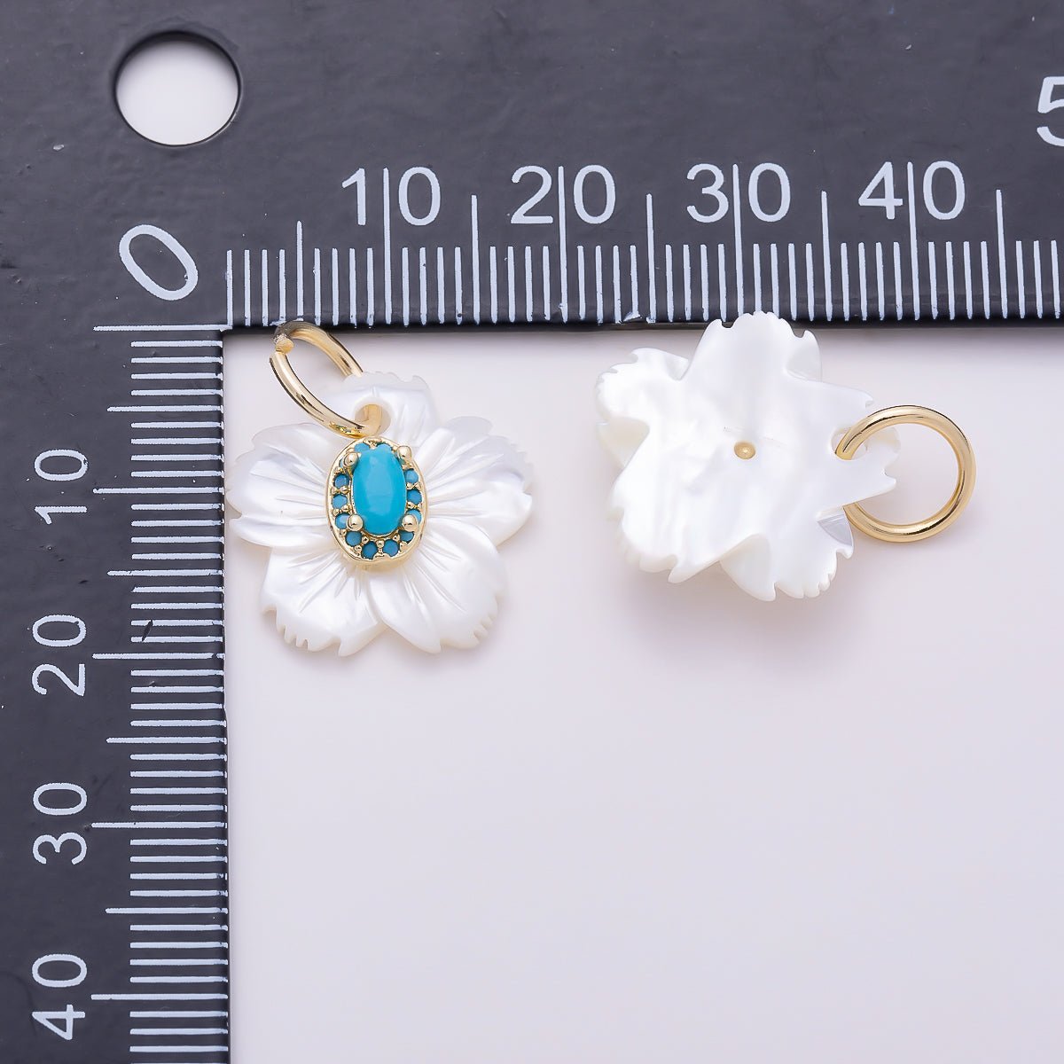 16K Gold Filled 17mm Clear & Turquoise Oval Bezel CZ Mother of Pearl Cherry Blossom Flower Charm | Charms-01877 - Charms-01878 - DLUXCA