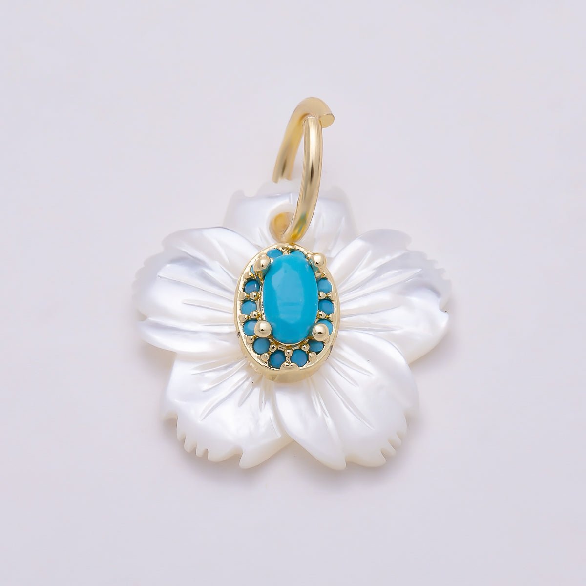 16K Gold Filled 17mm Clear & Turquoise Oval Bezel CZ Mother of Pearl Cherry Blossom Flower Charm | Charms-01877 - Charms-01878 - DLUXCA