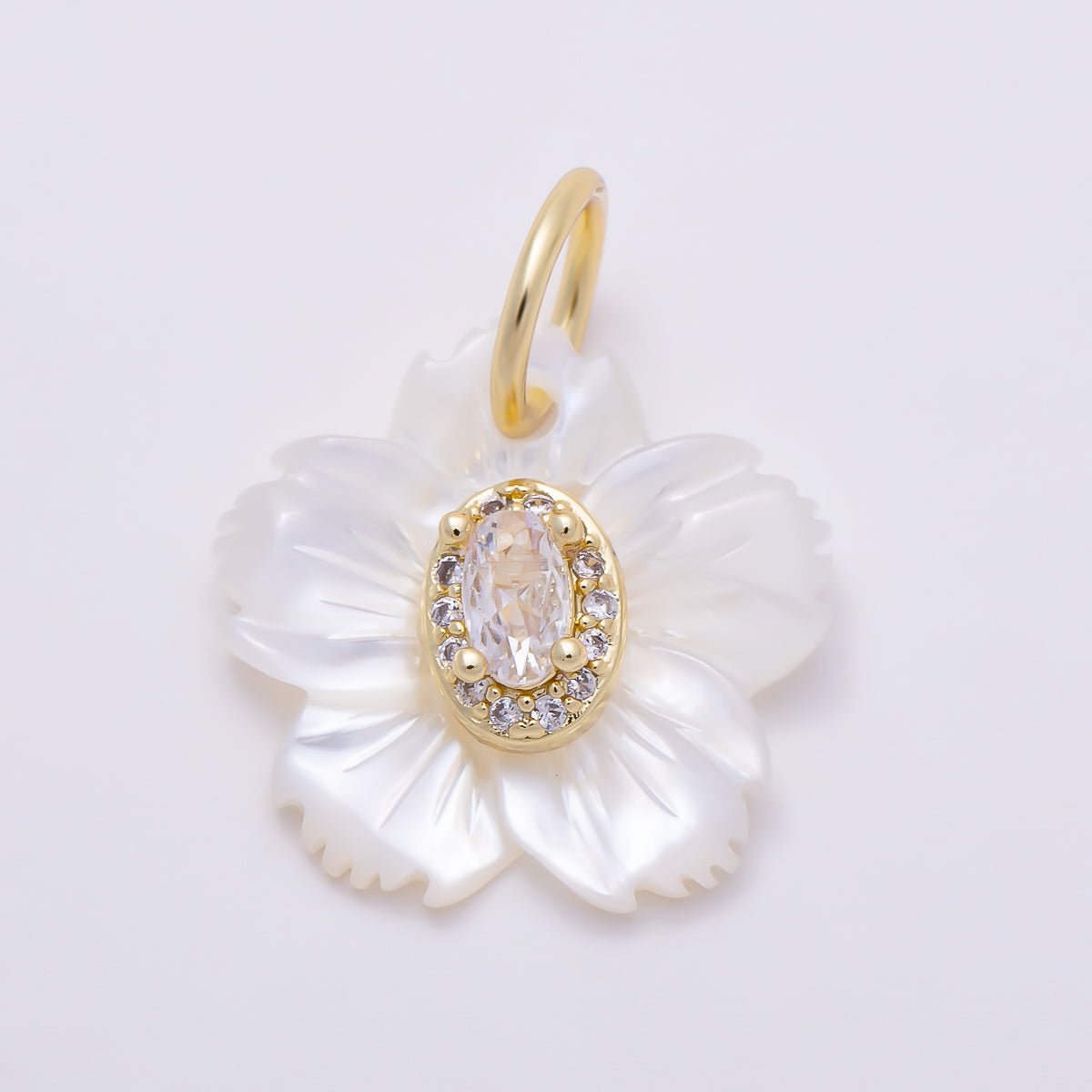 16K Gold Filled 17mm Clear & Turquoise Oval Bezel CZ Mother of Pearl Cherry Blossom Flower Charm | Charms-01877 - Charms-01878 - DLUXCA