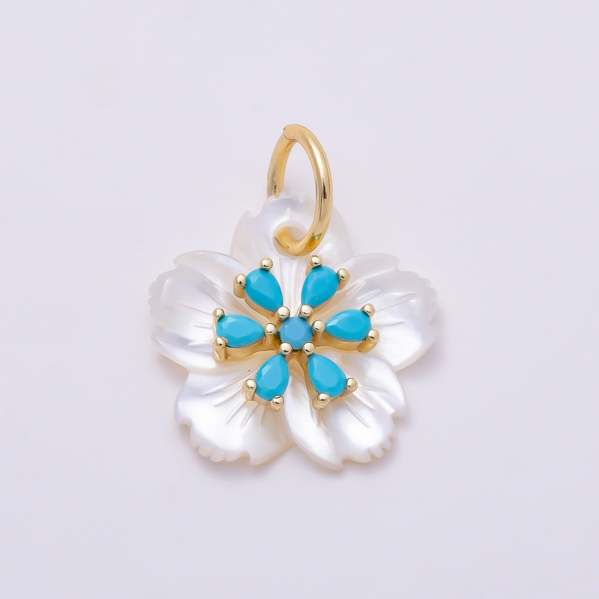 16K Gold Filled 17mm Clear & Turquoise Teardrop CZ Mother of Pearl Cherry Blossom Flower Charm | Charms-01873 - Charms-01874 - DLUXCA