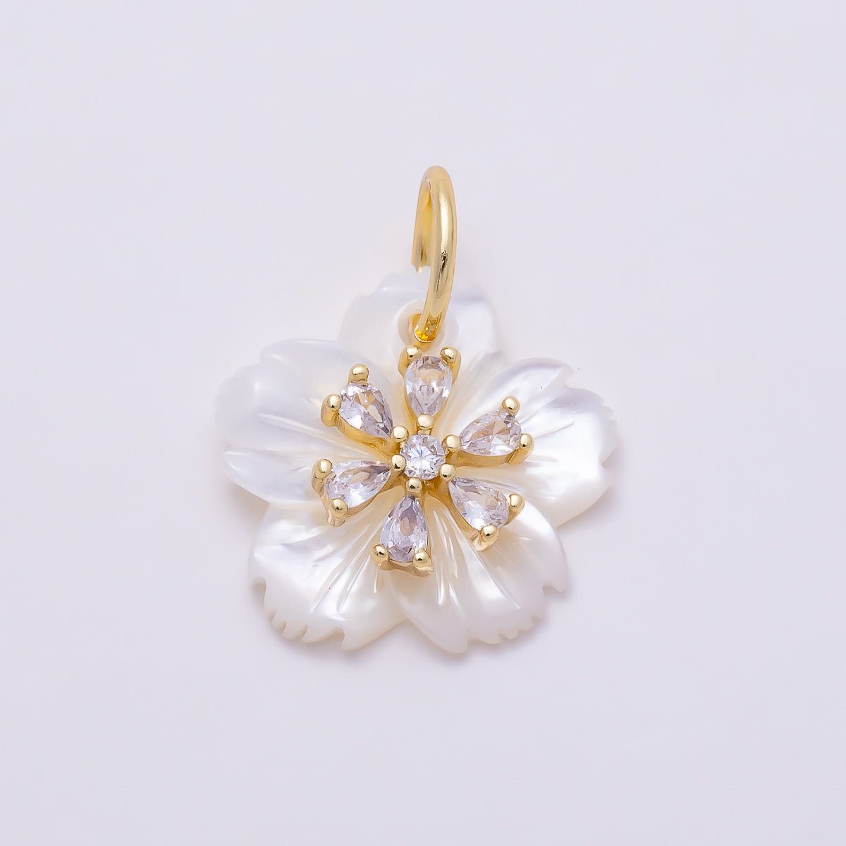 16K Gold Filled 17mm Clear & Turquoise Teardrop CZ Mother of Pearl Cherry Blossom Flower Charm | Charms-01873 - Charms-01874 - DLUXCA