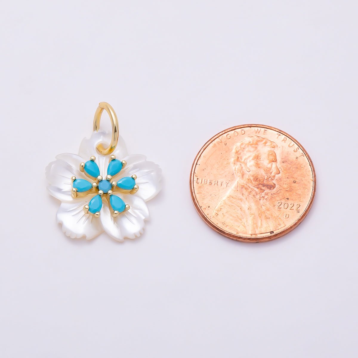 16K Gold Filled 17mm Clear & Turquoise Teardrop CZ Mother of Pearl Cherry Blossom Flower Charm | Charms-01873 - Charms-01874 - DLUXCA