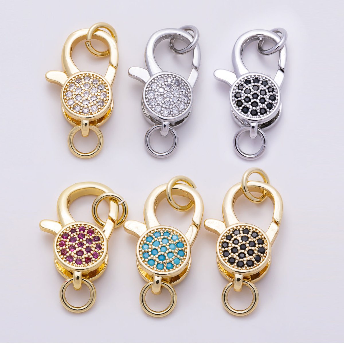 16K Gold Filled 17mm Colorful Micro Paved CZ Round Disk Swivel Lobster Clasp | Findings-00542 - Findings-00547 - DLUXCA