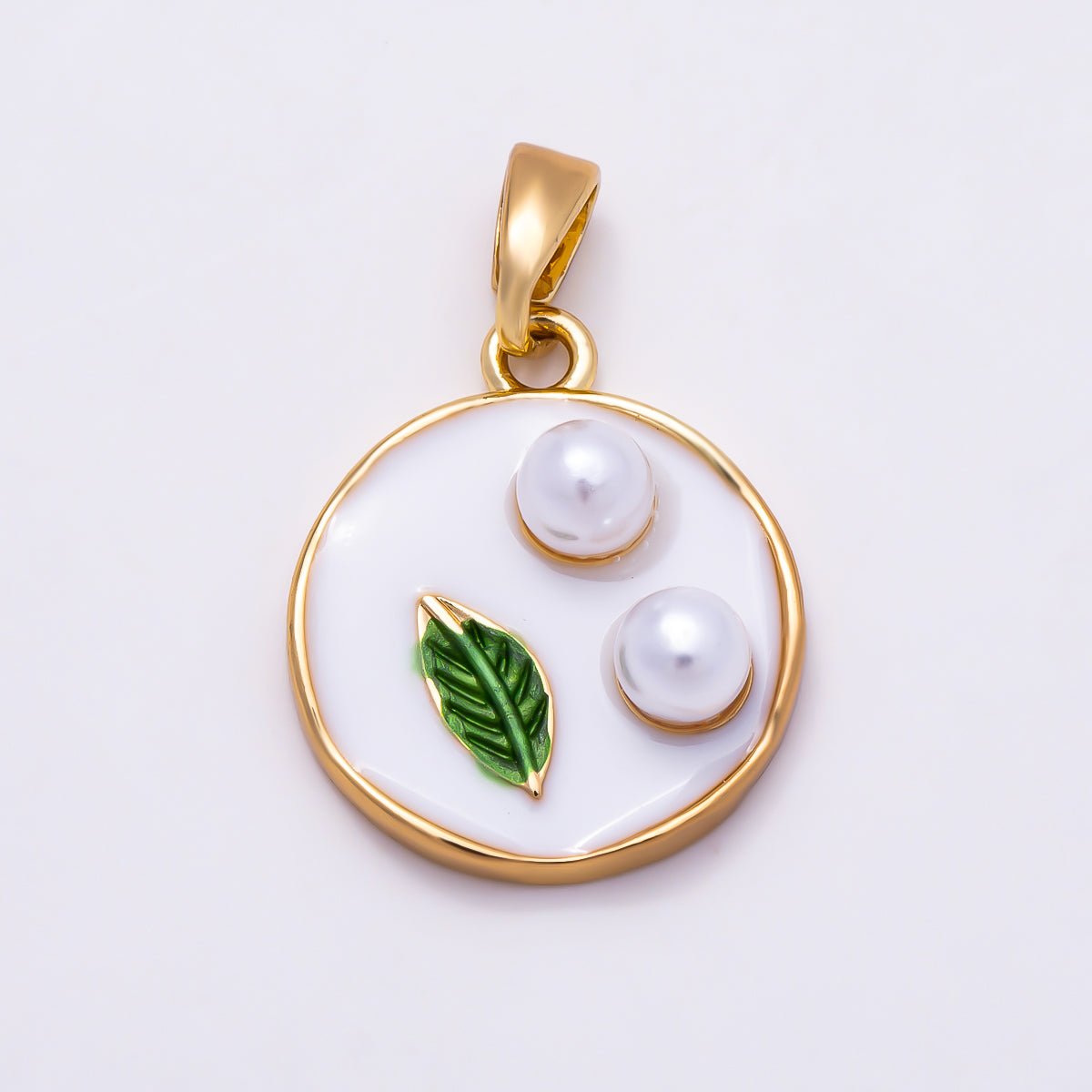 16K Gold Filled 17mm Double Shell Pearl Green Leaf White Enamel Pendant | Charms-01888 - DLUXCA