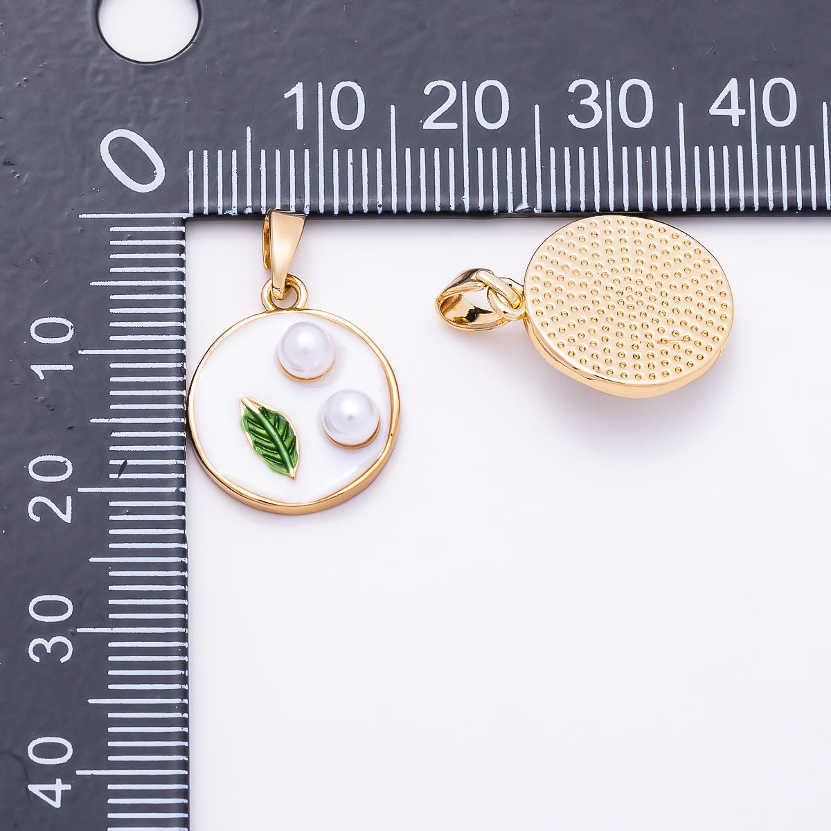 16K Gold Filled 17mm Double Shell Pearl Green Leaf White Enamel Pendant | Charms-01888 - DLUXCA