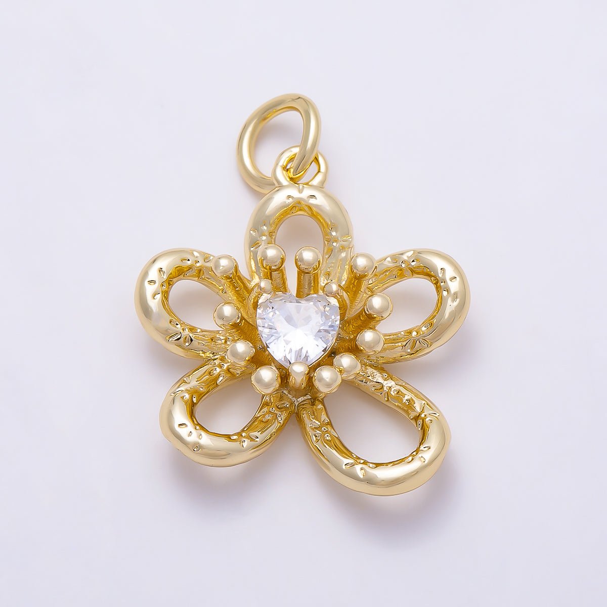 16K Gold Filled 17mm Heart CZ Textured Openwork Flower Charm | Charms-01636 - DLUXCA