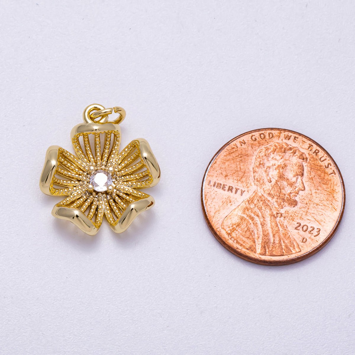 16K Gold Filled 17mm Micro Paved CZ Dotted Blooming Flower Charm | Charms - 00630 - DLUXCA