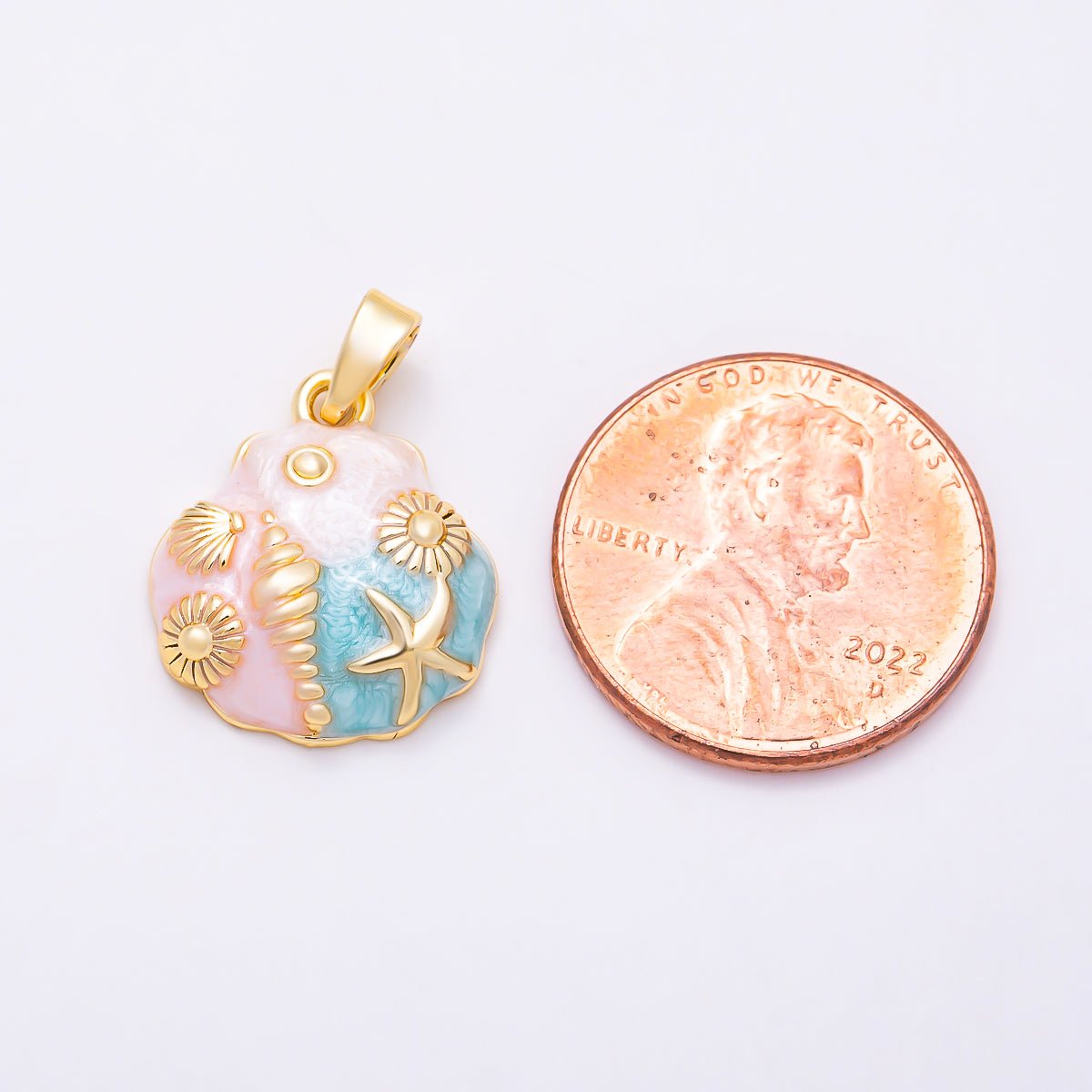 16K Gold Filled 17mm Pink, Blue Mother of Pearl Seashell & Starfish Ocean Beach Pendant | Charms-01892 - DLUXCA