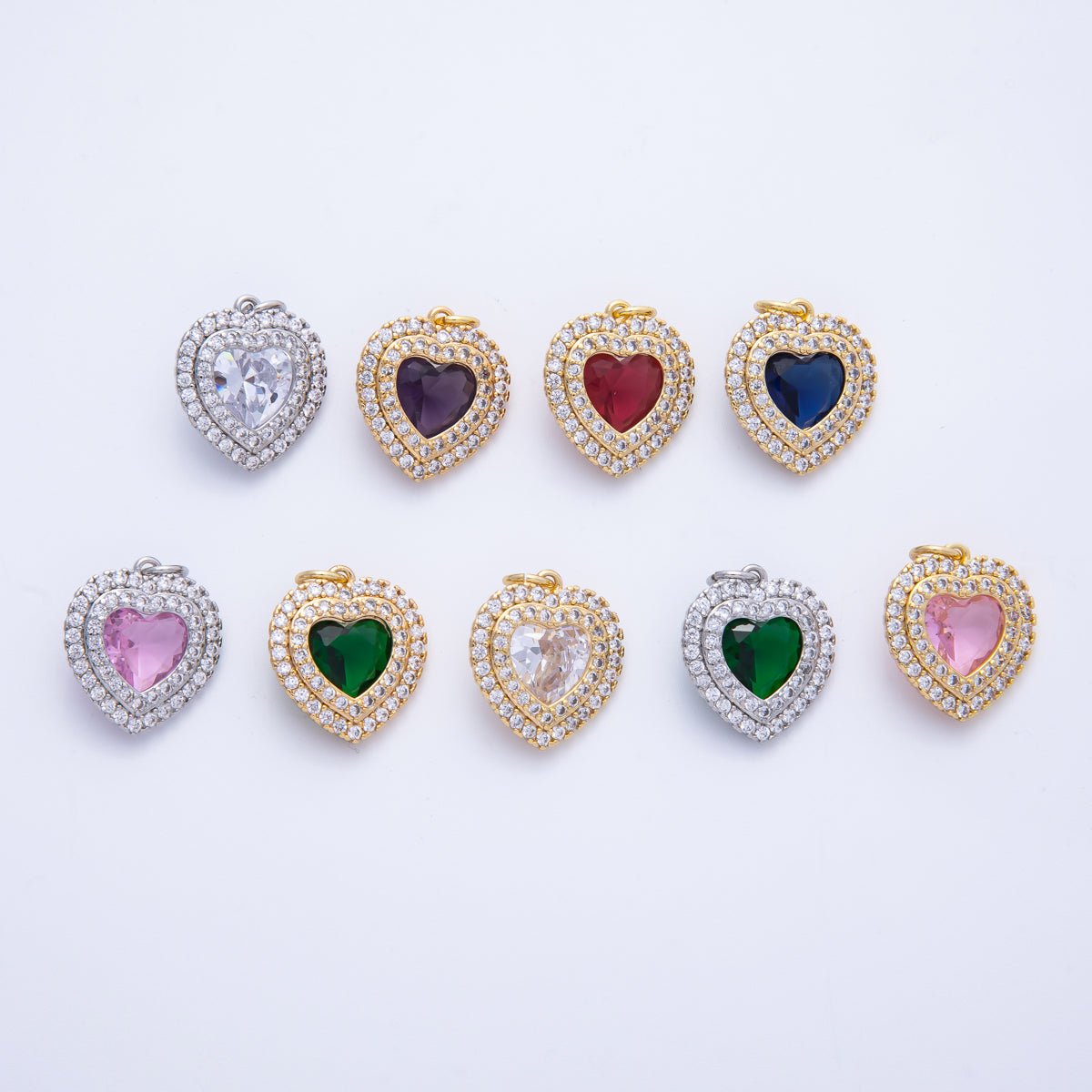 16K Gold Filled 17mm Pink, Clear, Green, Purple, Red, Blue Micro Paved CZ Heart Charm in Gold & Silver | Charms - 00304 - Charms - 00311 - DLUXCA