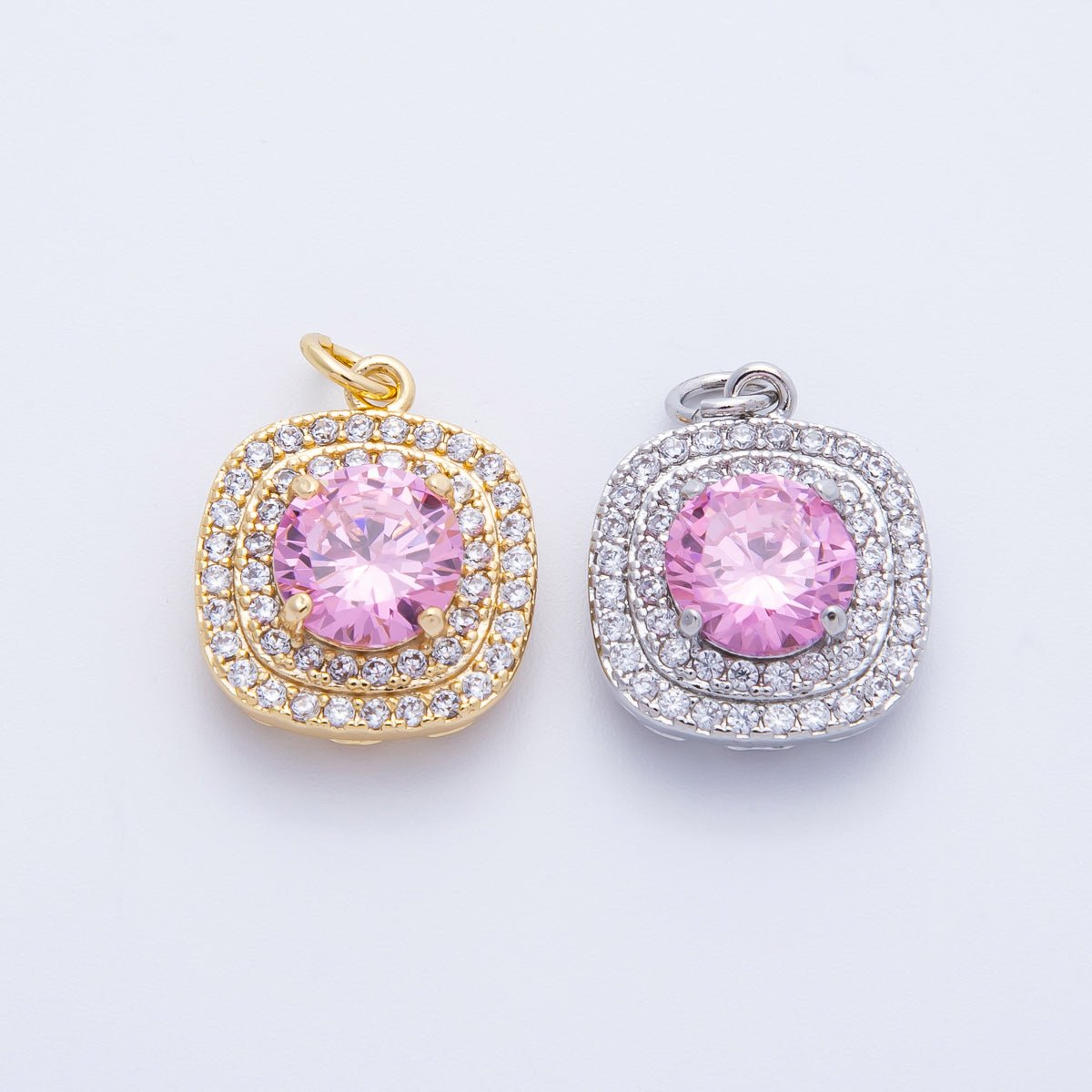 16K Gold Filled 17mm Pink Round Clear Micro Paved CZ Square Charm in Gold & Silver | Charms - 00291 Charms - 00292 - DLUXCA