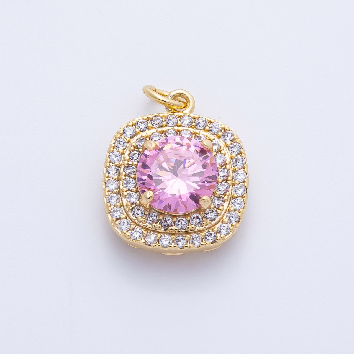 16K Gold Filled 17mm Pink Round Clear Micro Paved CZ Square Charm in Gold & Silver | Charms - 00291 Charms - 00292 - DLUXCA
