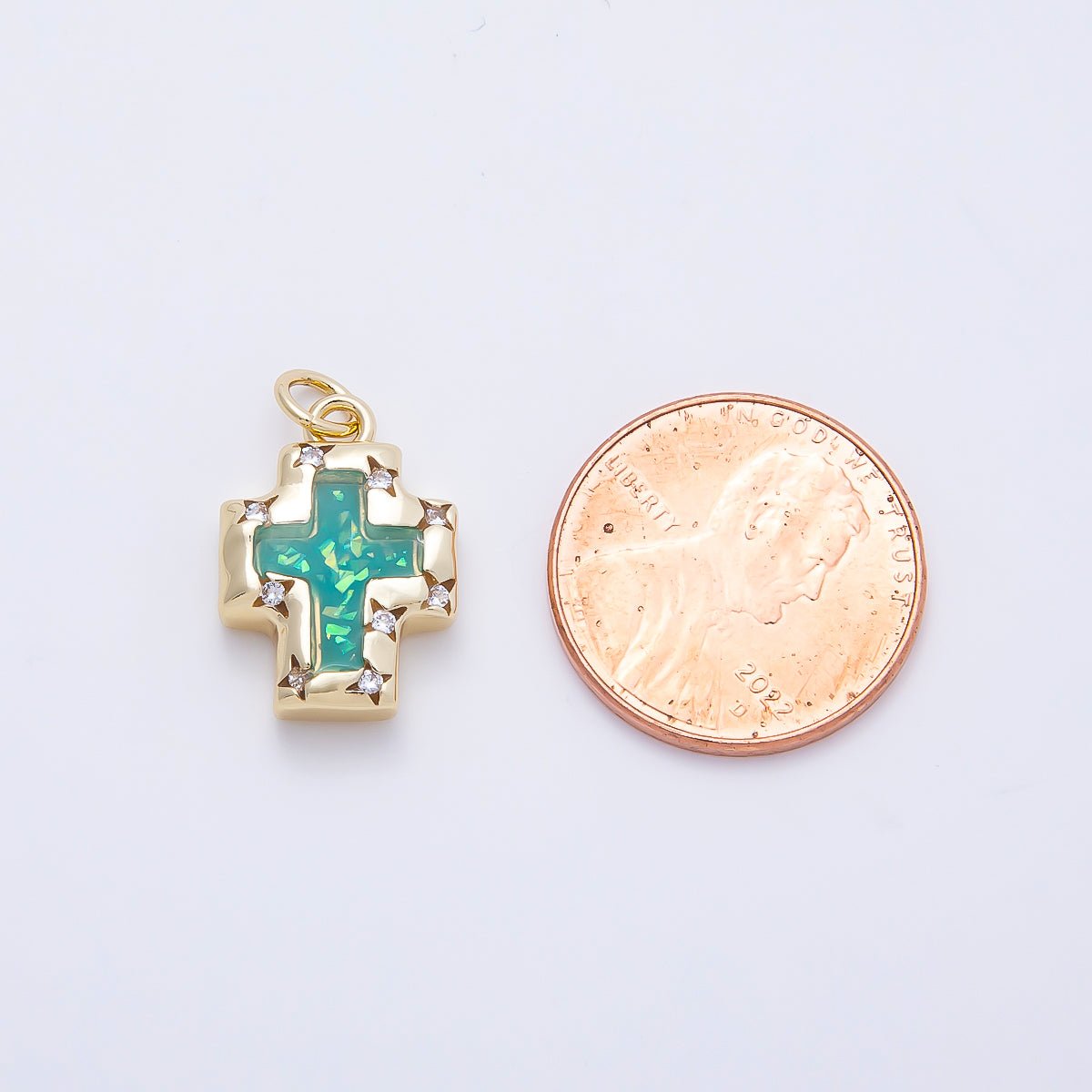 16K Gold Filled 17mm Teal Opal Clear CZ Star Dotted Bezel Religious Cross Charm | Charms-01247 - DLUXCA