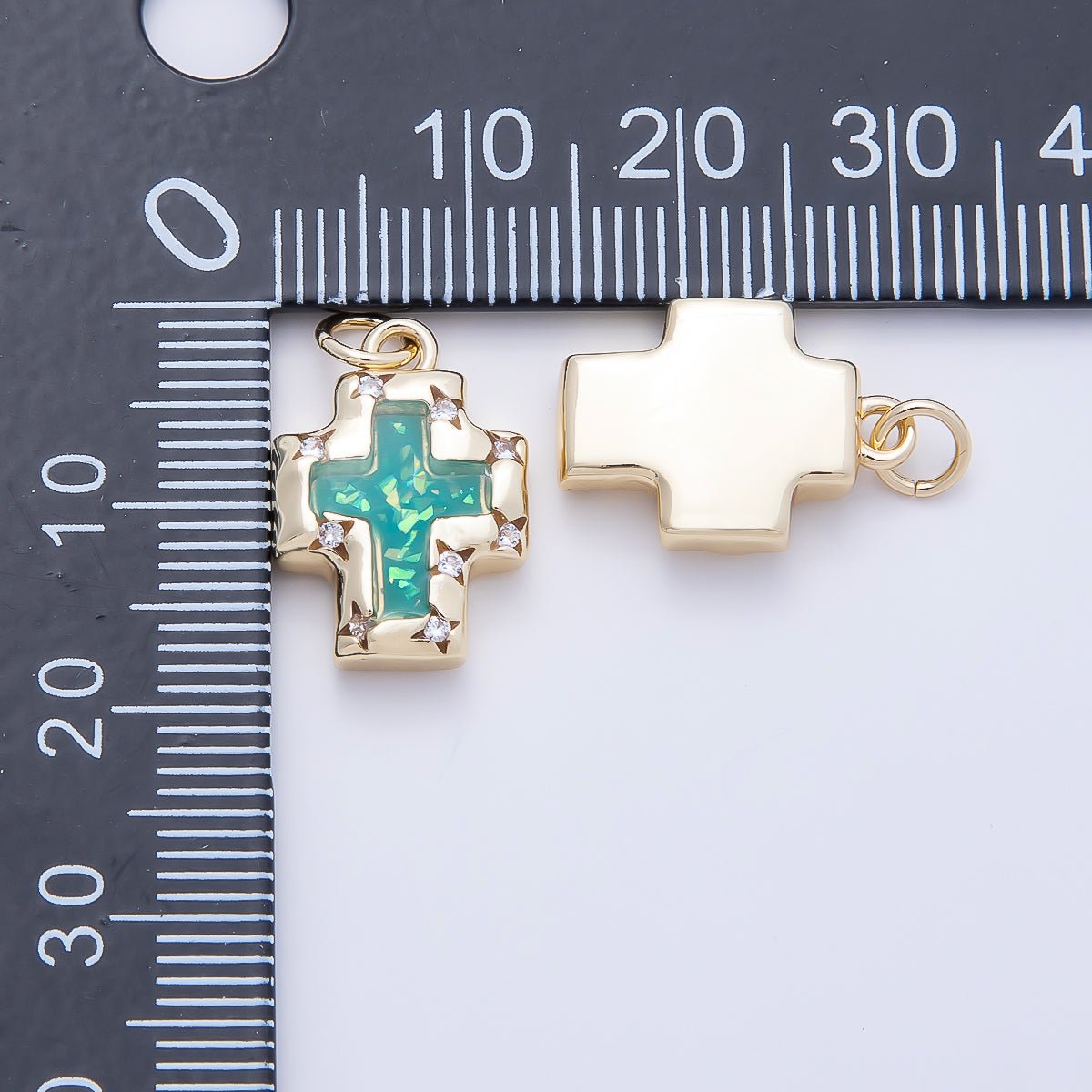 16K Gold Filled 17mm Teal Opal Clear CZ Star Dotted Bezel Religious Cross Charm | Charms-01247 - DLUXCA