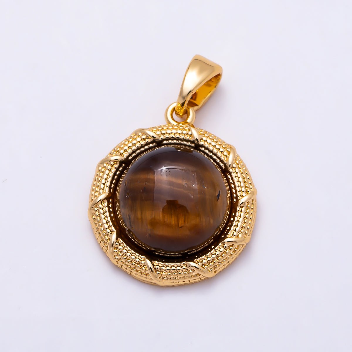 16K Gold Filled 17mm Tiger Eye Cabochon Dotted Lined Bezel Round Pendant | Charms-01499 - DLUXCA