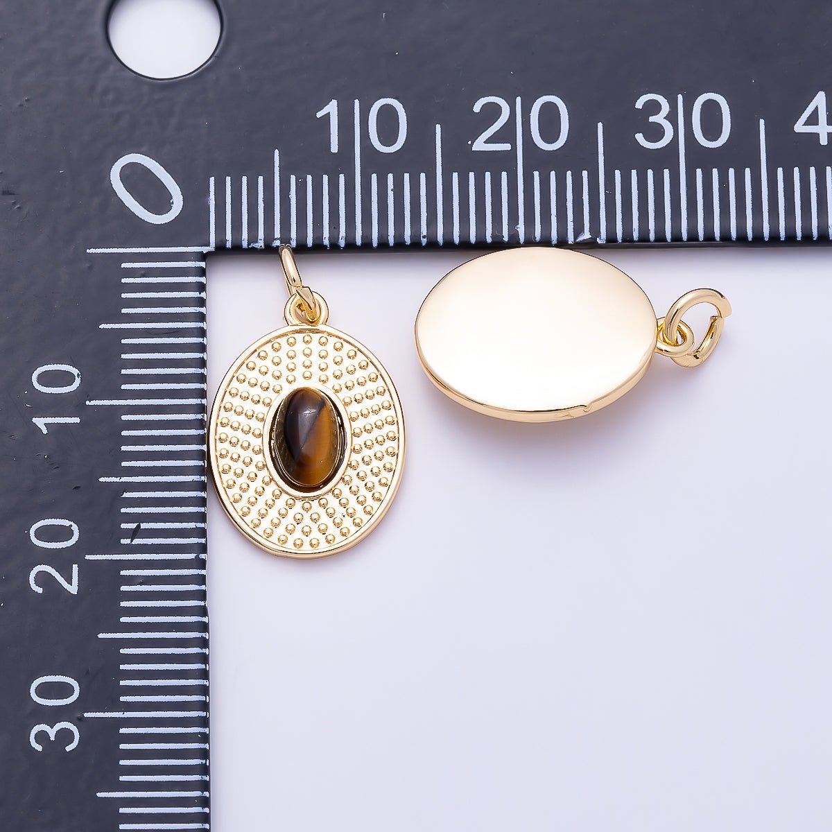 16K Gold Filled 17mm Tiger Eye, Turquoise Cabochon Gemstone Dotted Bezel Oval Charm | Charms-01560 Charms-01561 - DLUXCA