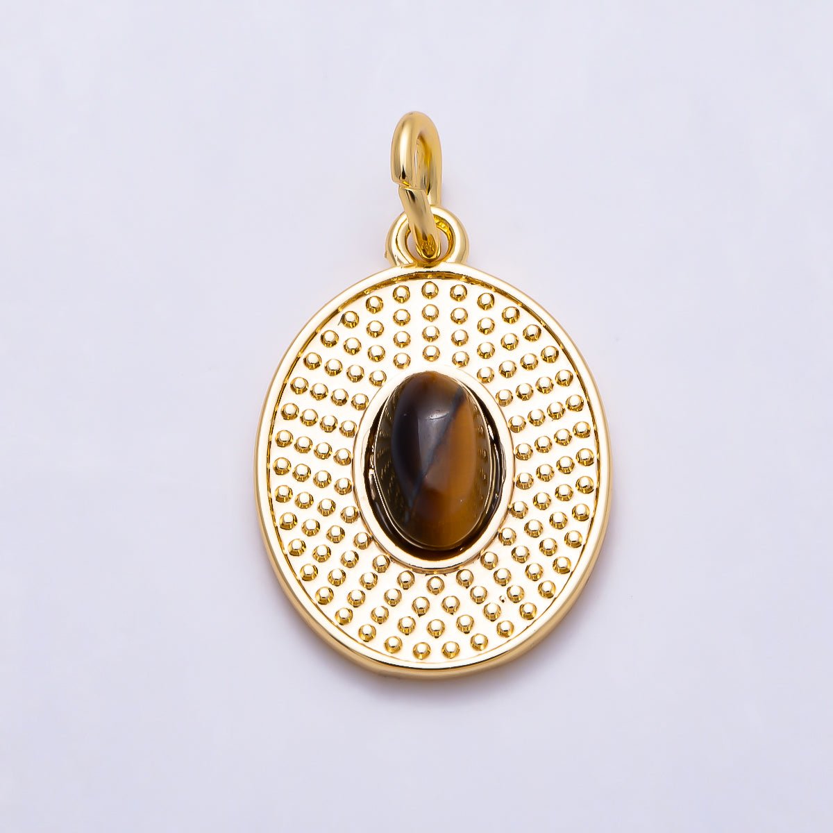 16K Gold Filled 17mm Tiger Eye, Turquoise Cabochon Gemstone Dotted Bezel Oval Charm | Charms-01560 Charms-01561 - DLUXCA