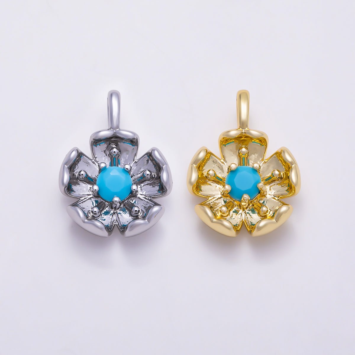 16K Gold Filled 17mm Turquoise CZ 3D Cupped Flower Charm | Charms-01871 - Charms-01872 - DLUXCA