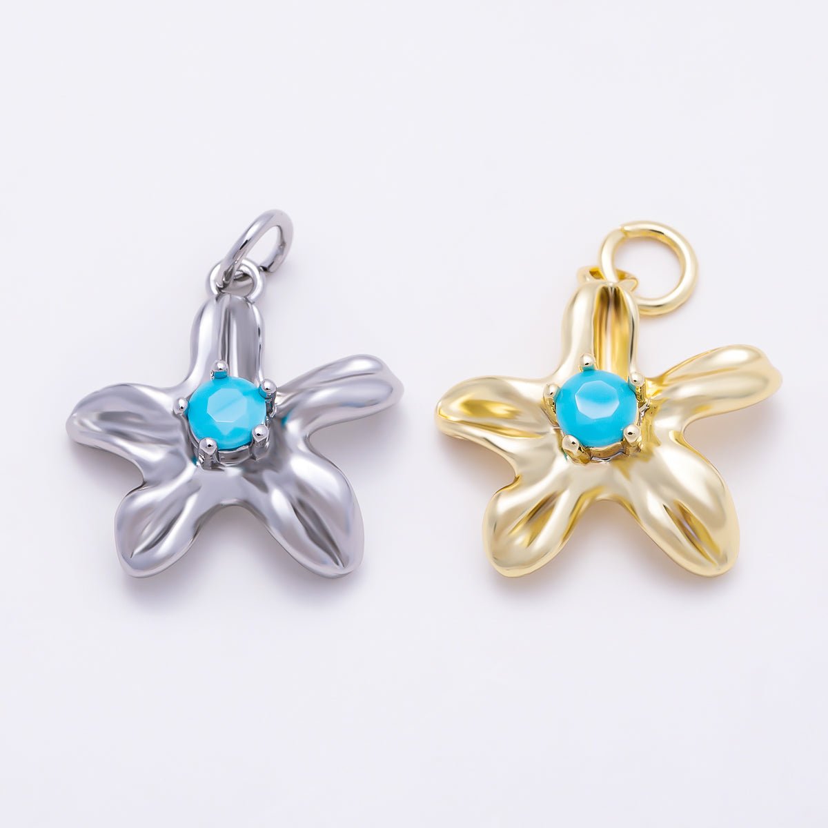 16K Gold Filled 17mm Turquoise CZ Organic Five Petals Flower Charm | Charms-01859 - Charms-01860 - DLUXCA