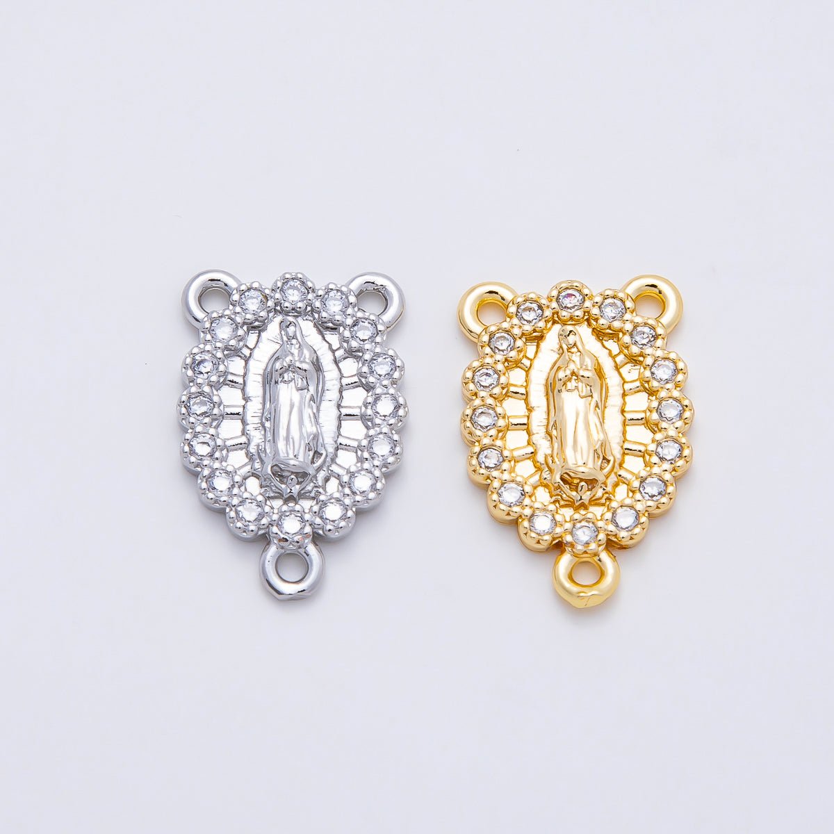 16K Gold Filled 18.5mm Mother Mary Micro Paved CZ Oval Triple Connector in Gold & Silver | Connectors-00028 Connectors-00029 - DLUXCA