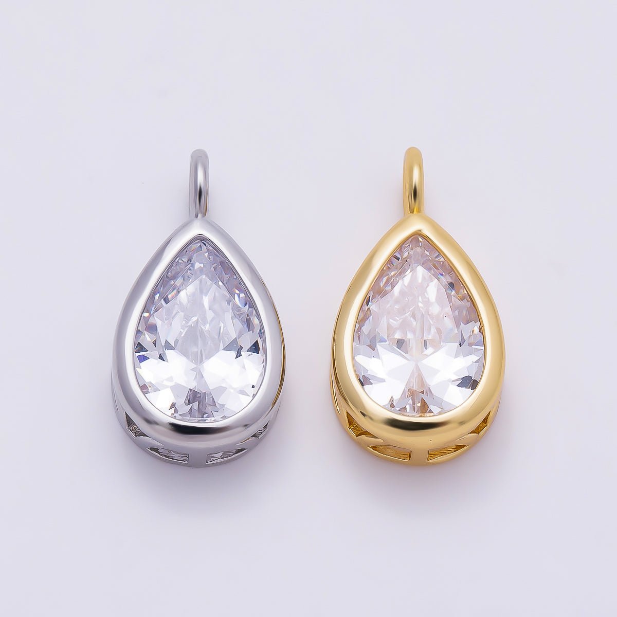16K Gold Filled 18.5mm Teardrop CZ Bezel Solitaire Pendant in Gold & Silver | Charms-01376 Charms-01377 - DLUXCA
