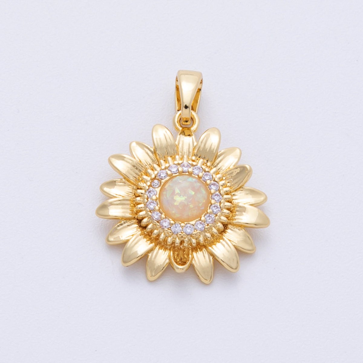 16K Gold Filled 18.5mm White Opal Micro Paved CZ Sunflower Pendant | Charms - 00104 - DLUXCA
