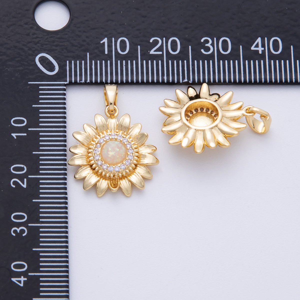 16K Gold Filled 18.5mm White Opal Micro Paved CZ Sunflower Pendant | Charms - 00104 - DLUXCA