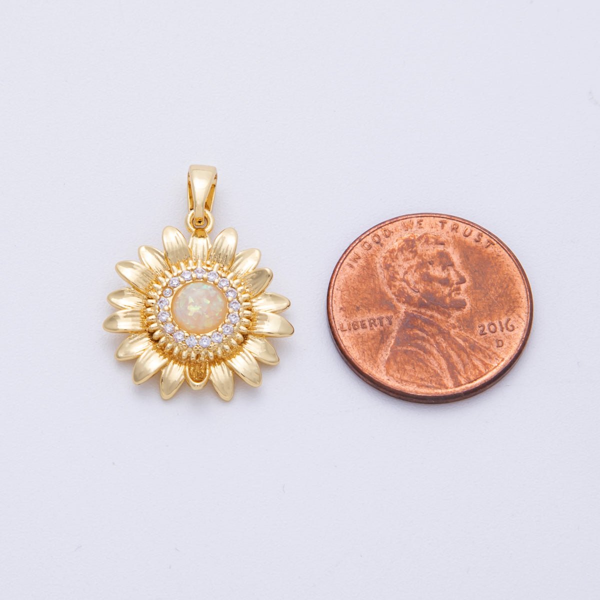 16K Gold Filled 18.5mm White Opal Micro Paved CZ Sunflower Pendant | Charms - 00104 - DLUXCA