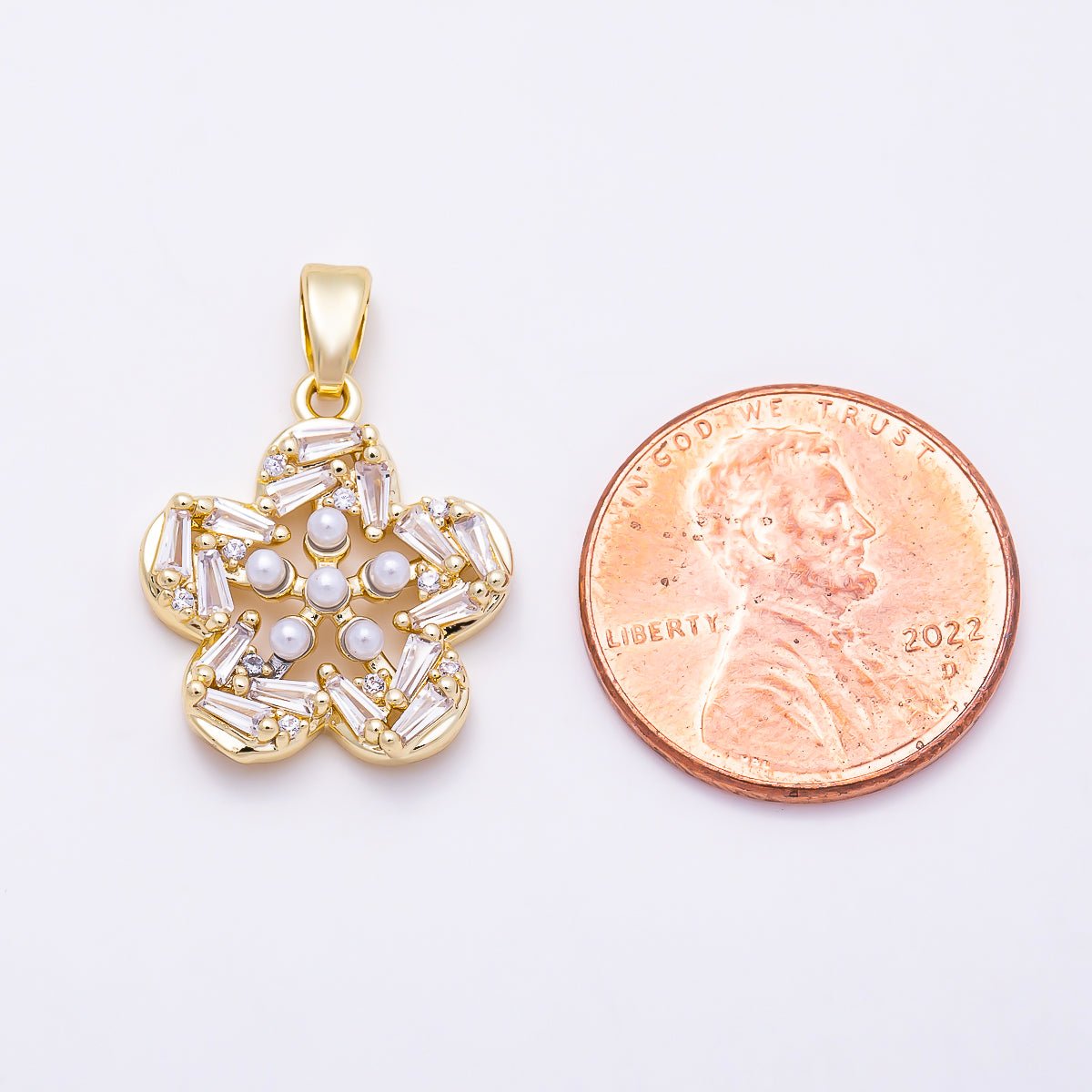 16K Gold Filled 18mm Baguette CZ & Shell Pearl Five Petal Flower Pendant | Charms-01847 - Charms-01848 - DLUXCA