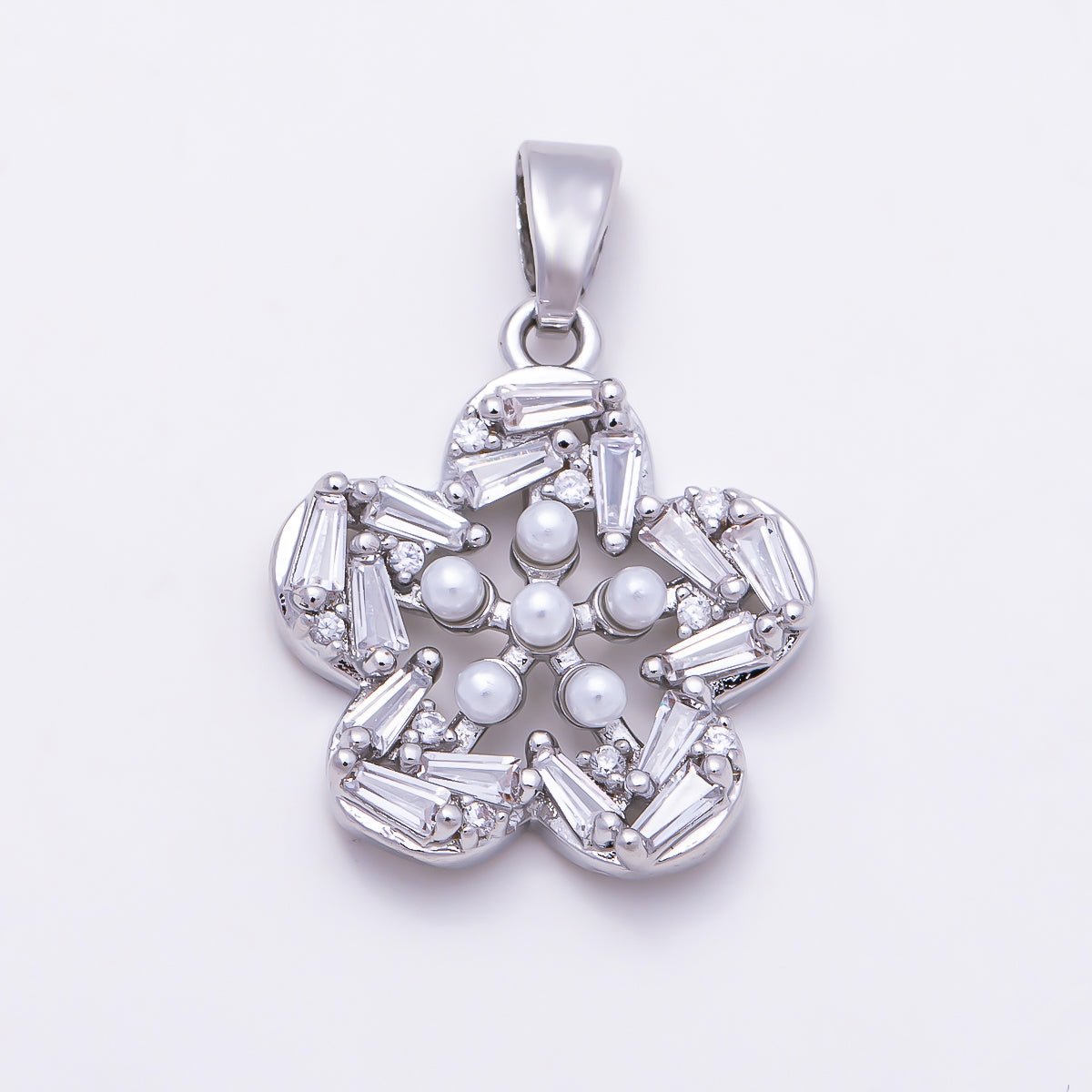 16K Gold Filled 18mm Baguette CZ & Shell Pearl Five Petal Flower Pendant | Charms-01847 - Charms-01848 - DLUXCA