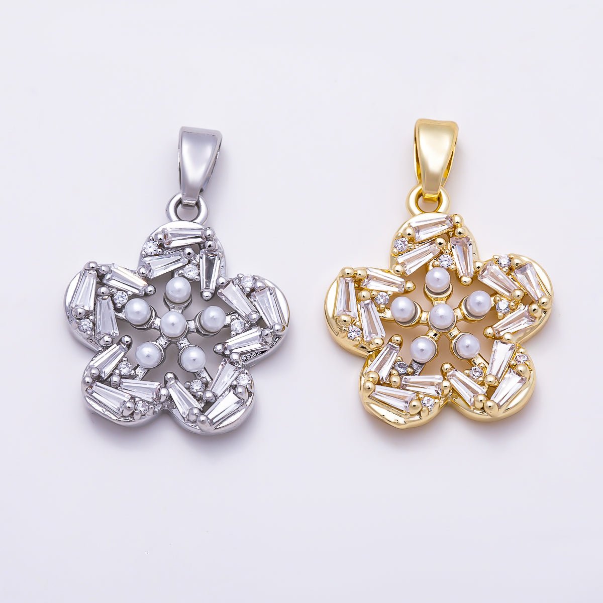 16K Gold Filled 18mm Baguette CZ & Shell Pearl Five Petal Flower Pendant | Charms-01847 - Charms-01848 - DLUXCA