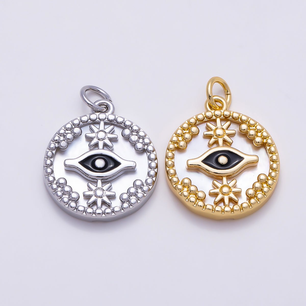 16K Gold Filled 18mm Black Evil Eye Star Shell Pearl Round Charm in Gold & Silver | Charms-01353 - DLUXCA